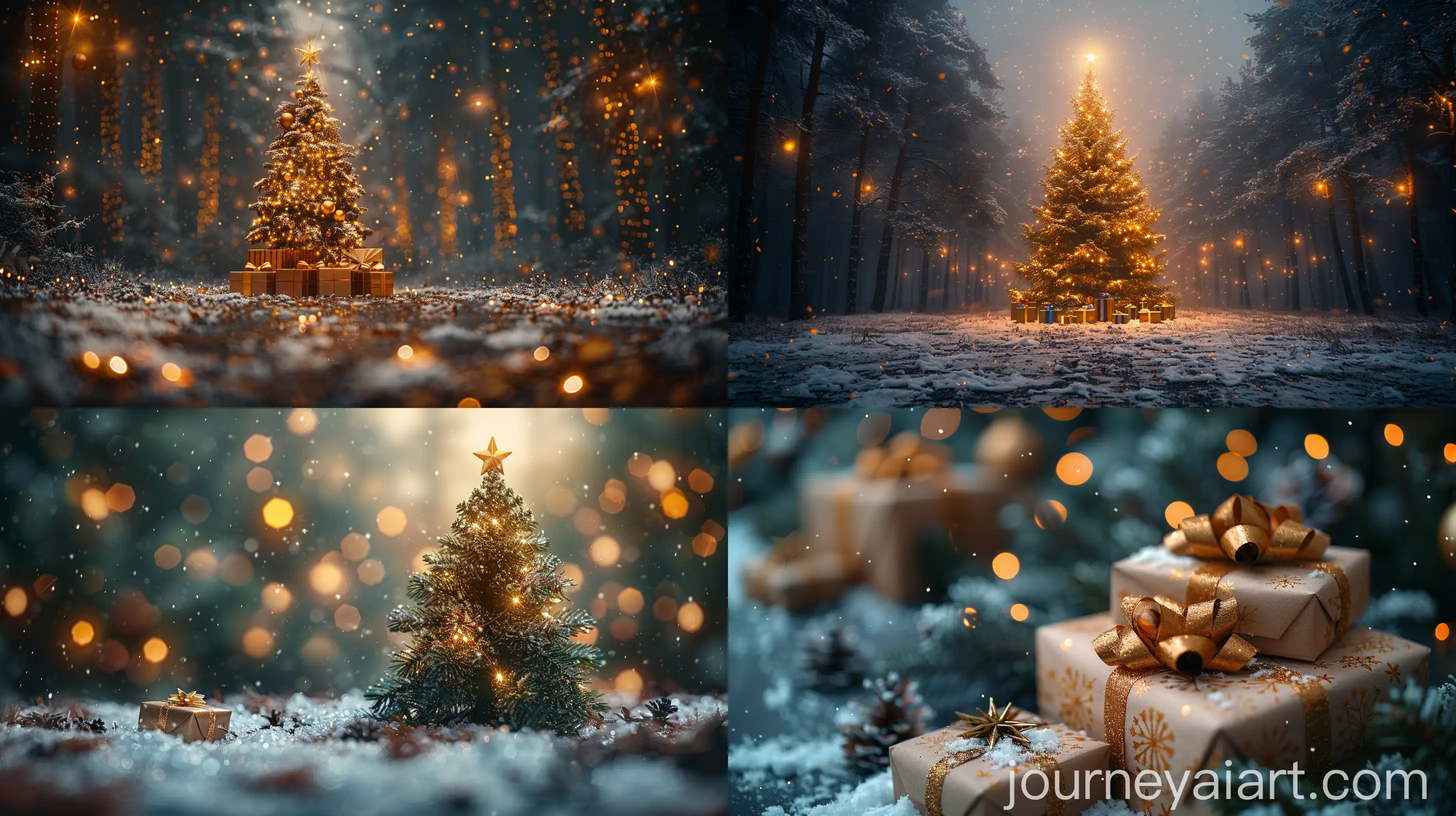 Winter-Night-Christmas-Tree-and-Gift-Boxes-in-Snowy-Forest