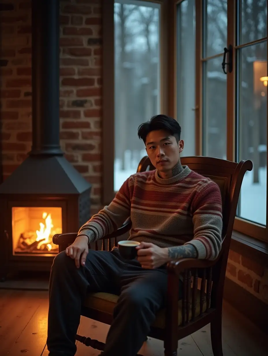 Cozy-Living-Room-with-Korean-Man-in-Tattooed-Sleeves-Enjoying-Coffee-by-Fireplace