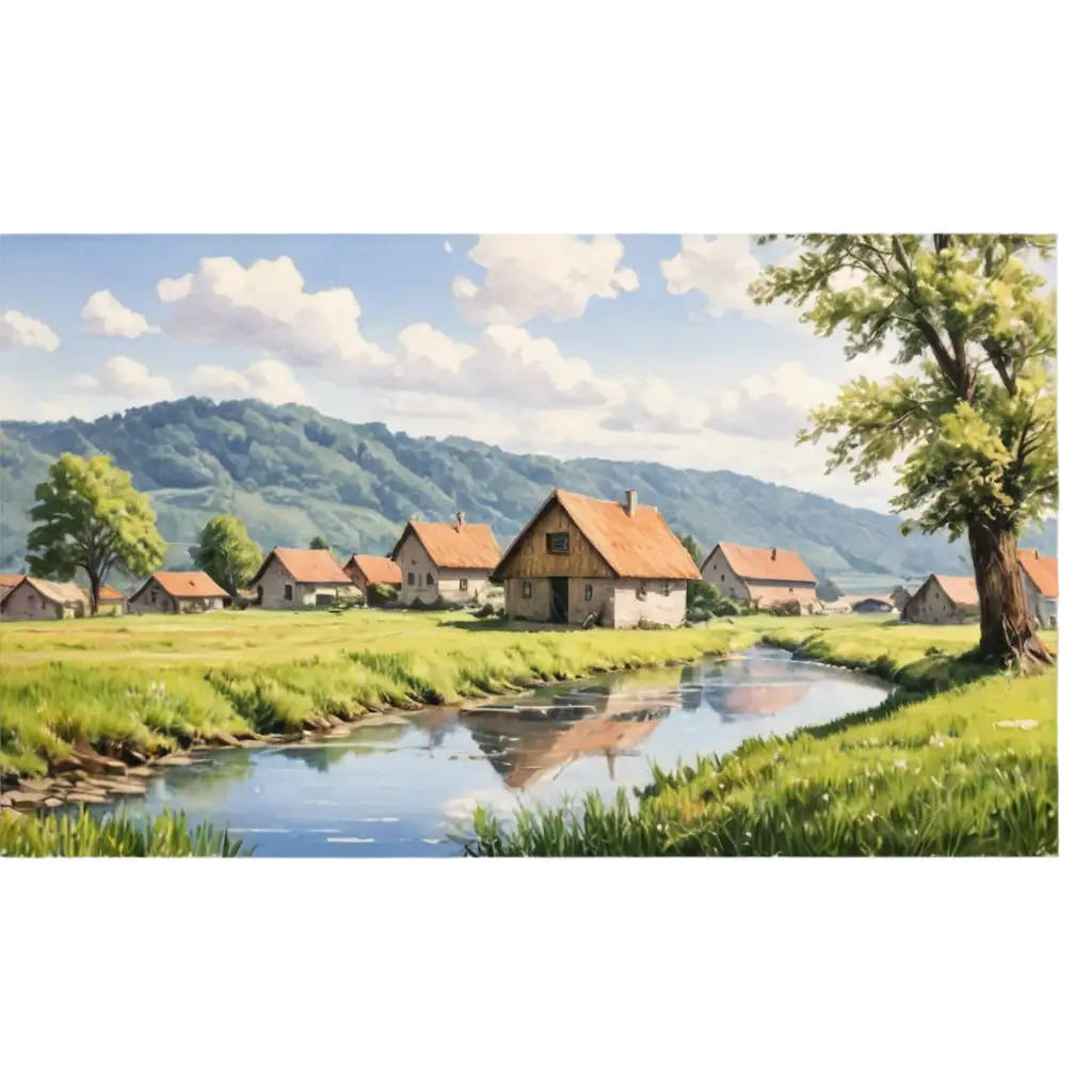 Nice villlage, hut, river, tree and field, art,