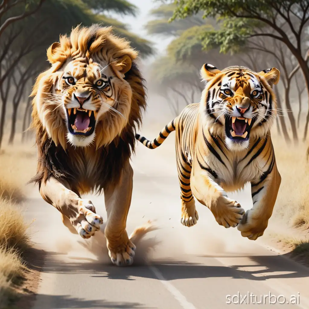 a hungry lion and tiger running besides each other running