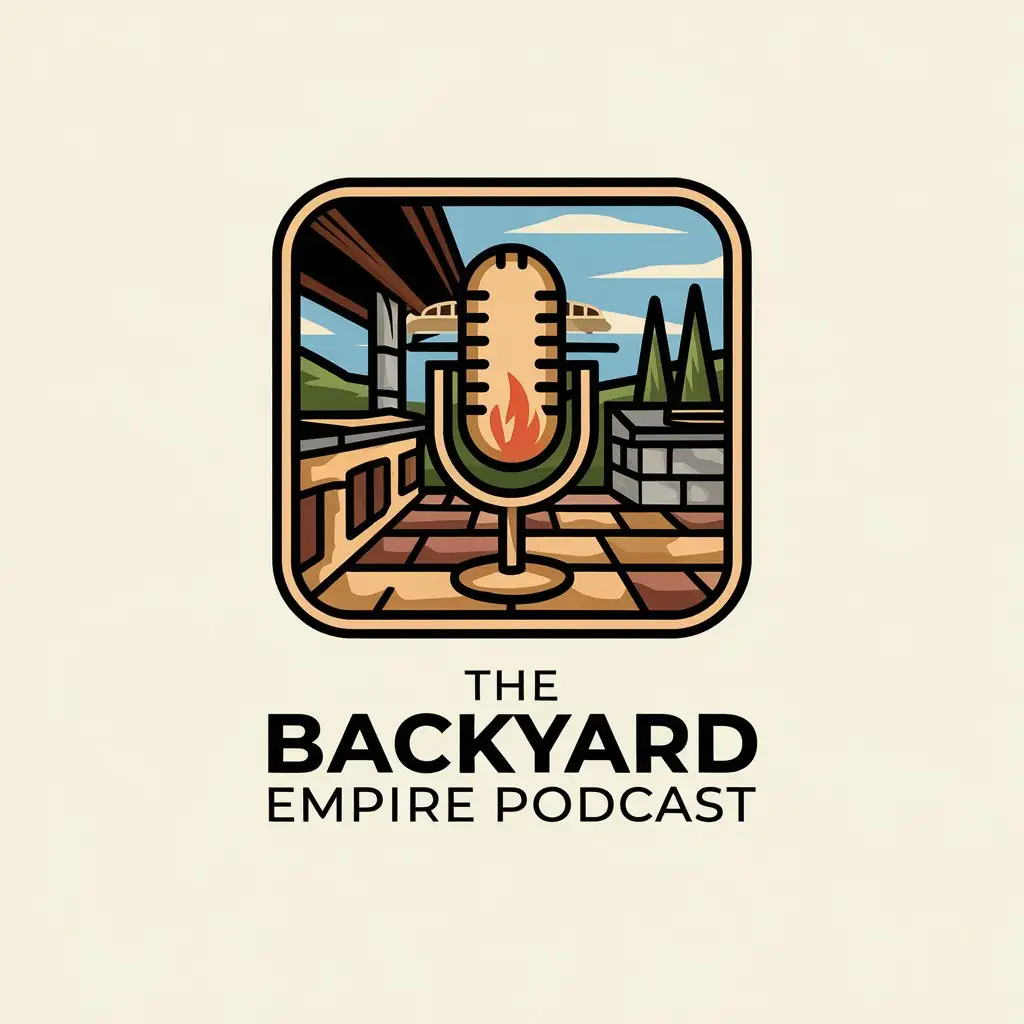 LOGO Design for The Backyard Empire Podcast Modern Vintage Microphone with Luxurious Outdoor Patio Kitchen and Earth Tones