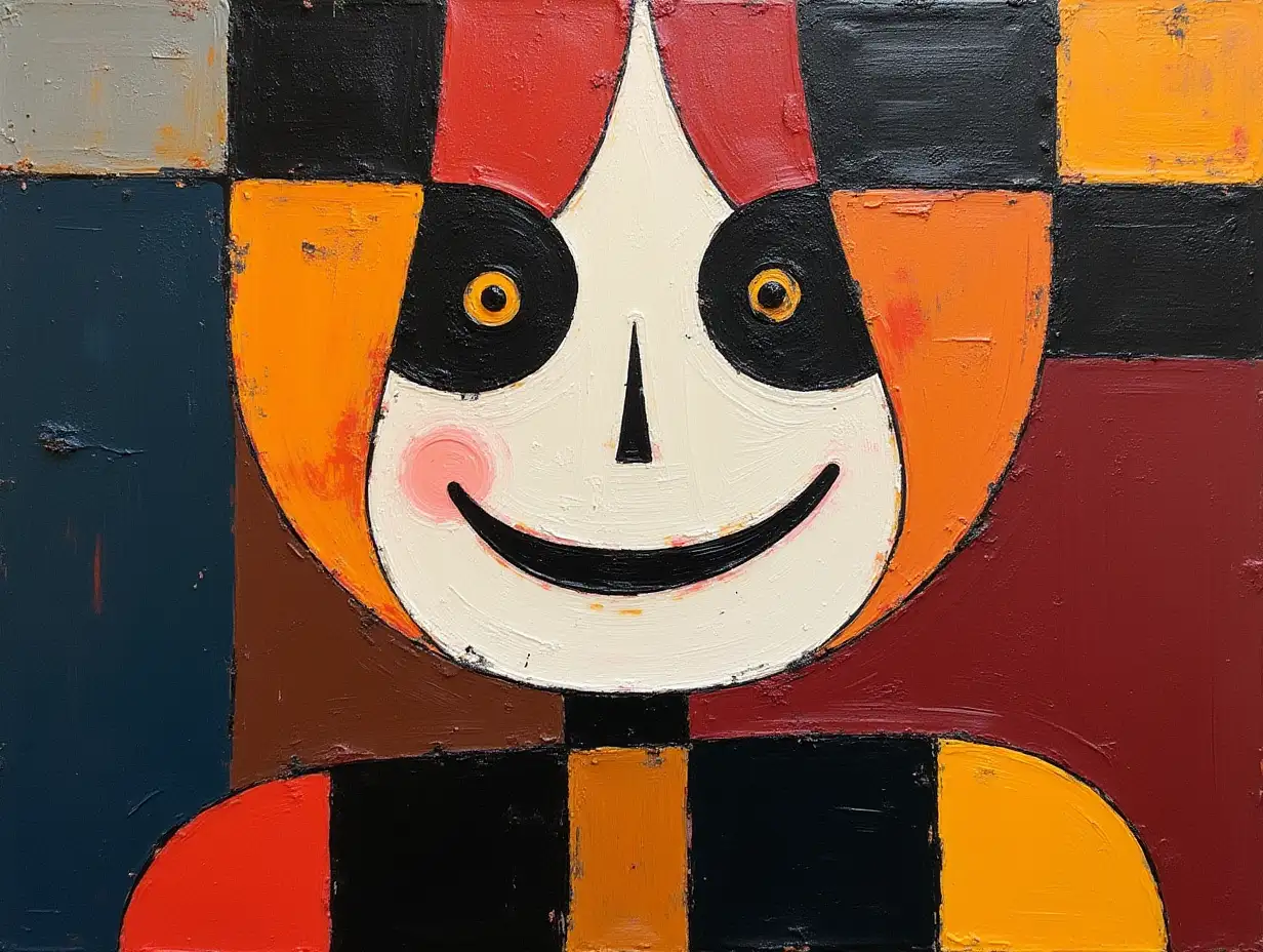 user_prompt: A picture in a checkered pattern, stripe, primitive schematically, minimalism, avant-garde, big smiley face, darkness in the style of Kandinsky, Malevich, minimalism, simplified for a beginner artist with acrylic many colors, constructivism abstractionism, rather gloomy