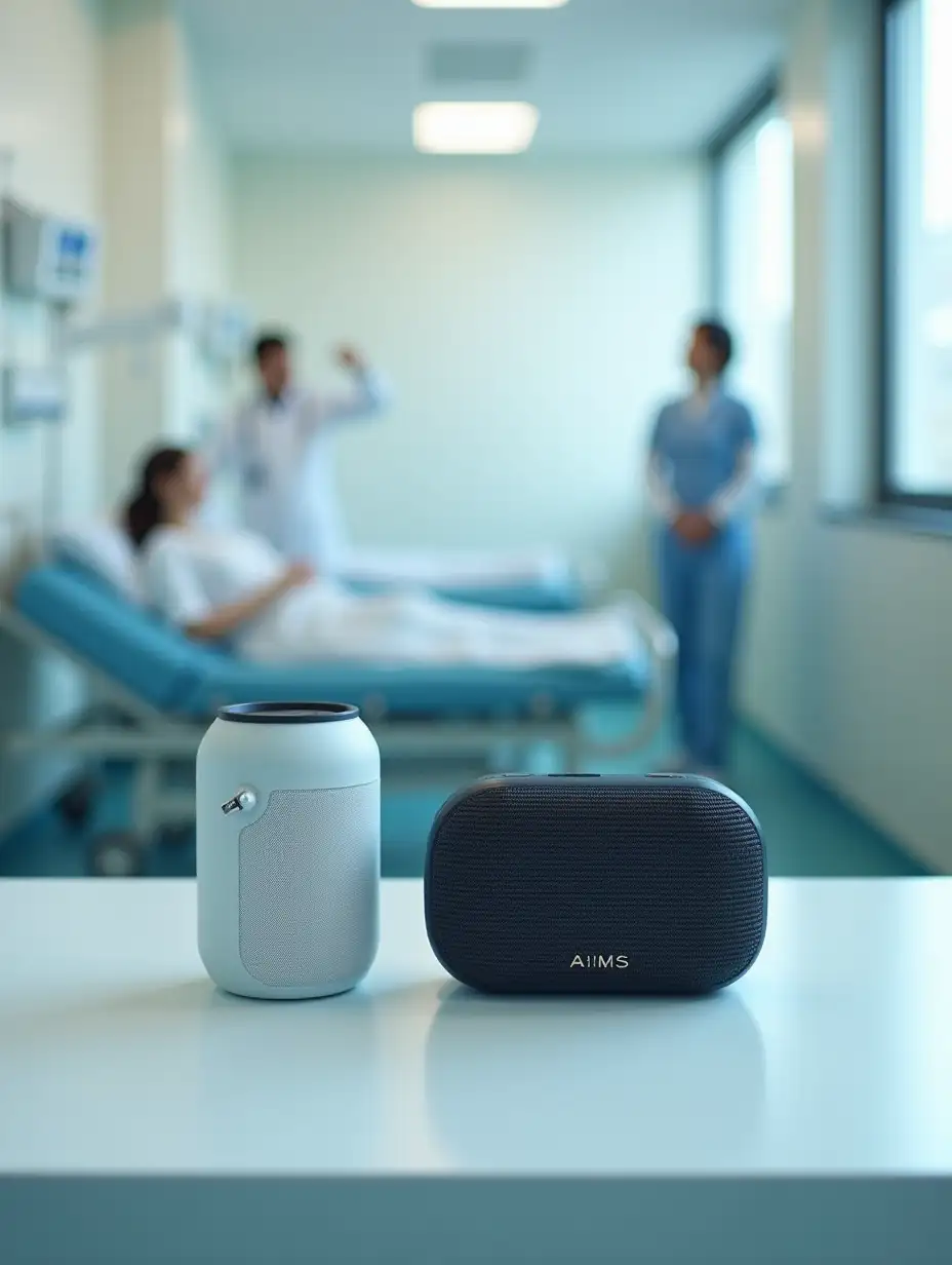 portable speaker in the medical ward, ward, round portable speaker, cylindrical portable speaker, patient and doctor in the background, portable speaker labeled “AIMS”