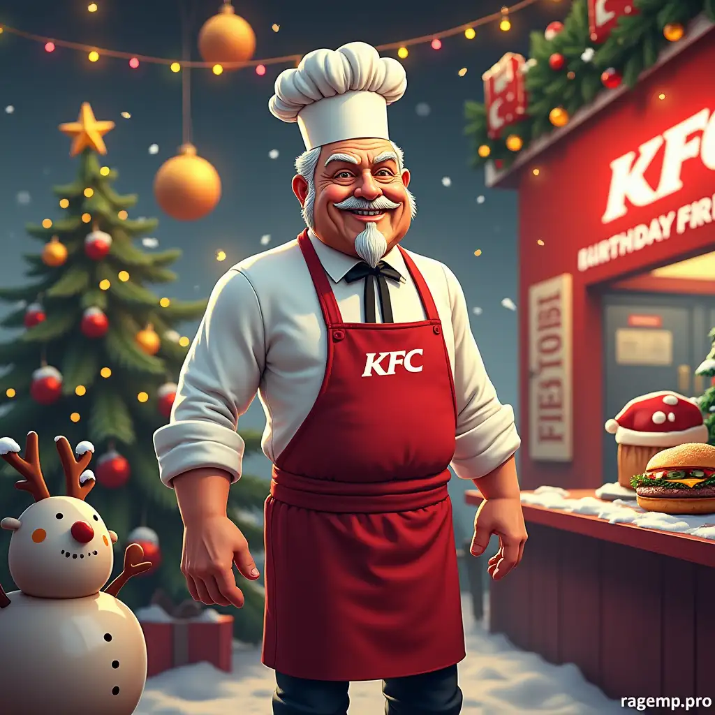 Create an image where Chef Burger, who looks like David Sanders, runs a KFC in the GTA 5 world. It is surrounded by Christmas decorations and the atmosphere of the 2025 holiday. The image should have bright Christmas decorations, as well as the website address 'www.ragemp.pro '. The background should be winter, with a Christmas tree, garlands and snowflakes. Use bright and festive colors such as red, green and gold. Add funny cartoon characters like snowmen or reindeer to create a fun holiday atmosphere.