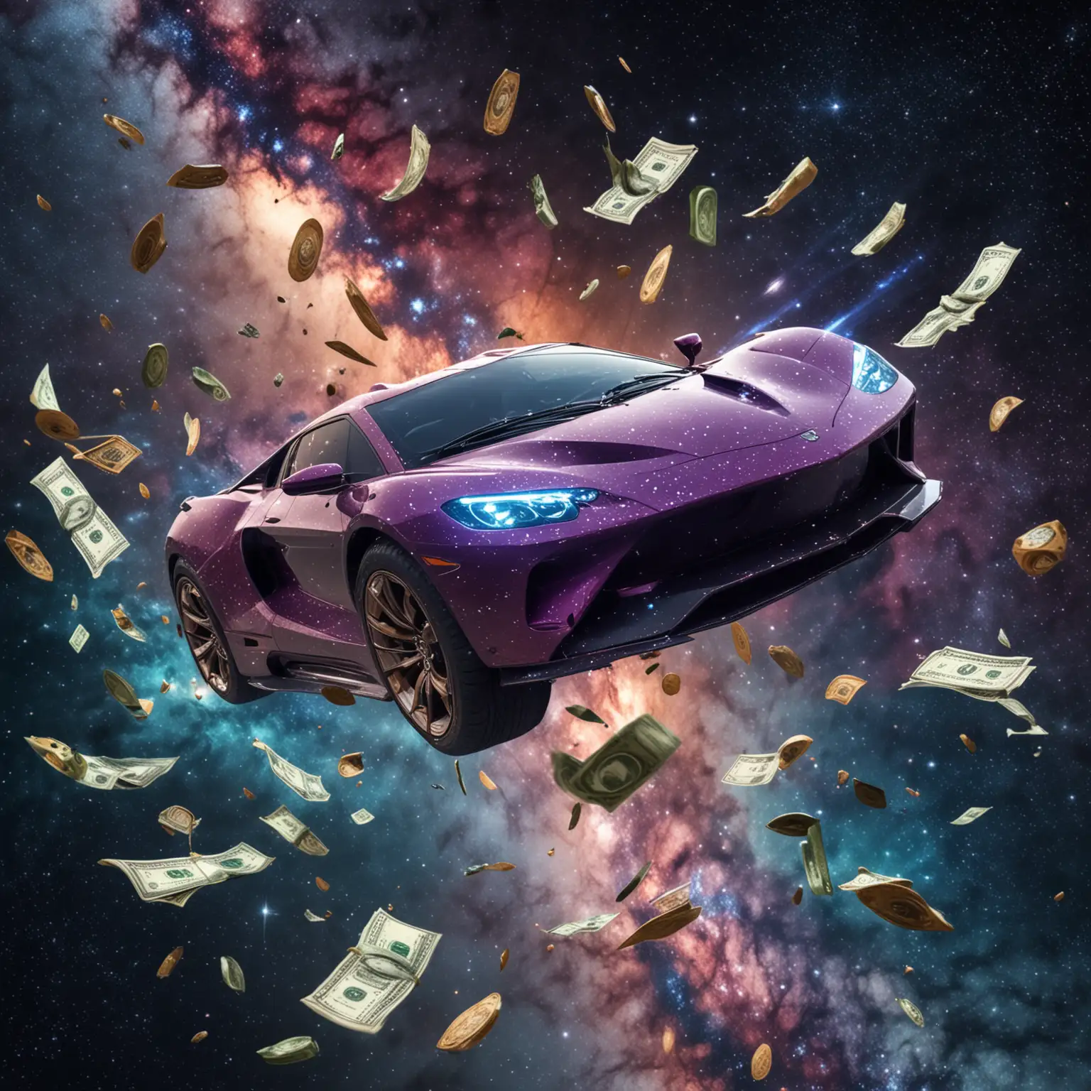 Luxury Sports Car Riding with Money in Space Travel to Another Planet