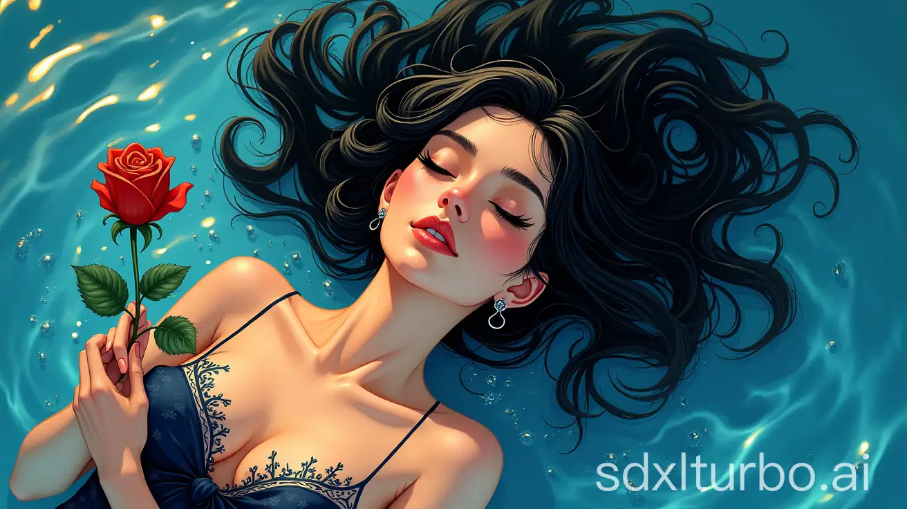 An overhead perspective illustration of a woman lying on the shimmering blue water surface, her black hair flowing in the water, eyes slightly closed with long eyelashes casting a faint shadow on the water. Her black earrings sparkle in the golden light, holding a rose in her hand. The surrounding water is adorned with golden ripples and splashing water droplets, creating a mysterious and serene atmosphere. The overall style is hand-drawn illustration with rich details and vivid color contrast