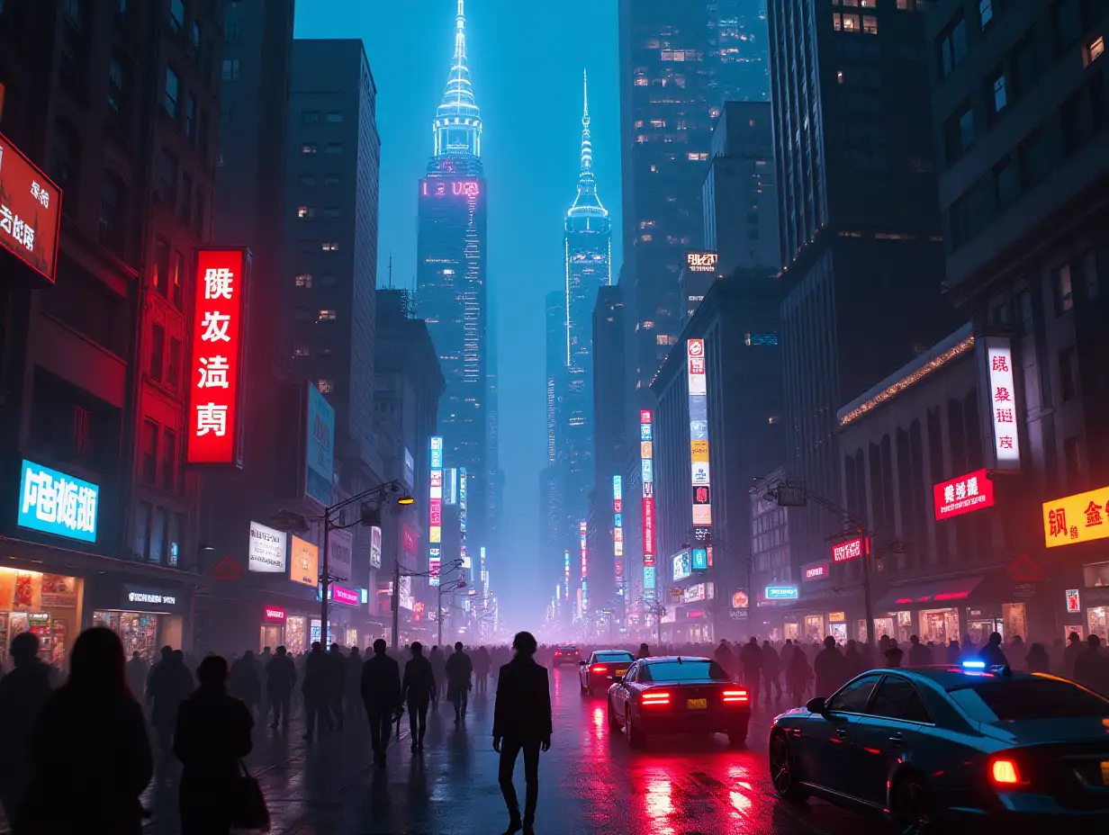 Future cityn• Main theme: 'Bustling cyberpunk city'n• Detailed settings: 'Neon light, flying cars, towering skyscrapers, crowded streetsn• Style specifications: 'Cinematic, dark atmosphere, vibrant neon colors'n• Avoid unnecessary elements: 'Deserted streets, not faded colors'