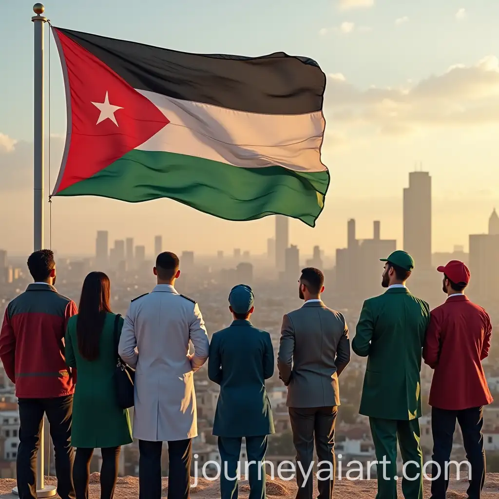 Group-of-People-from-Various-Professions-Admiring-the-Jordanian-Flag-with-Amman-City-in-the-Background