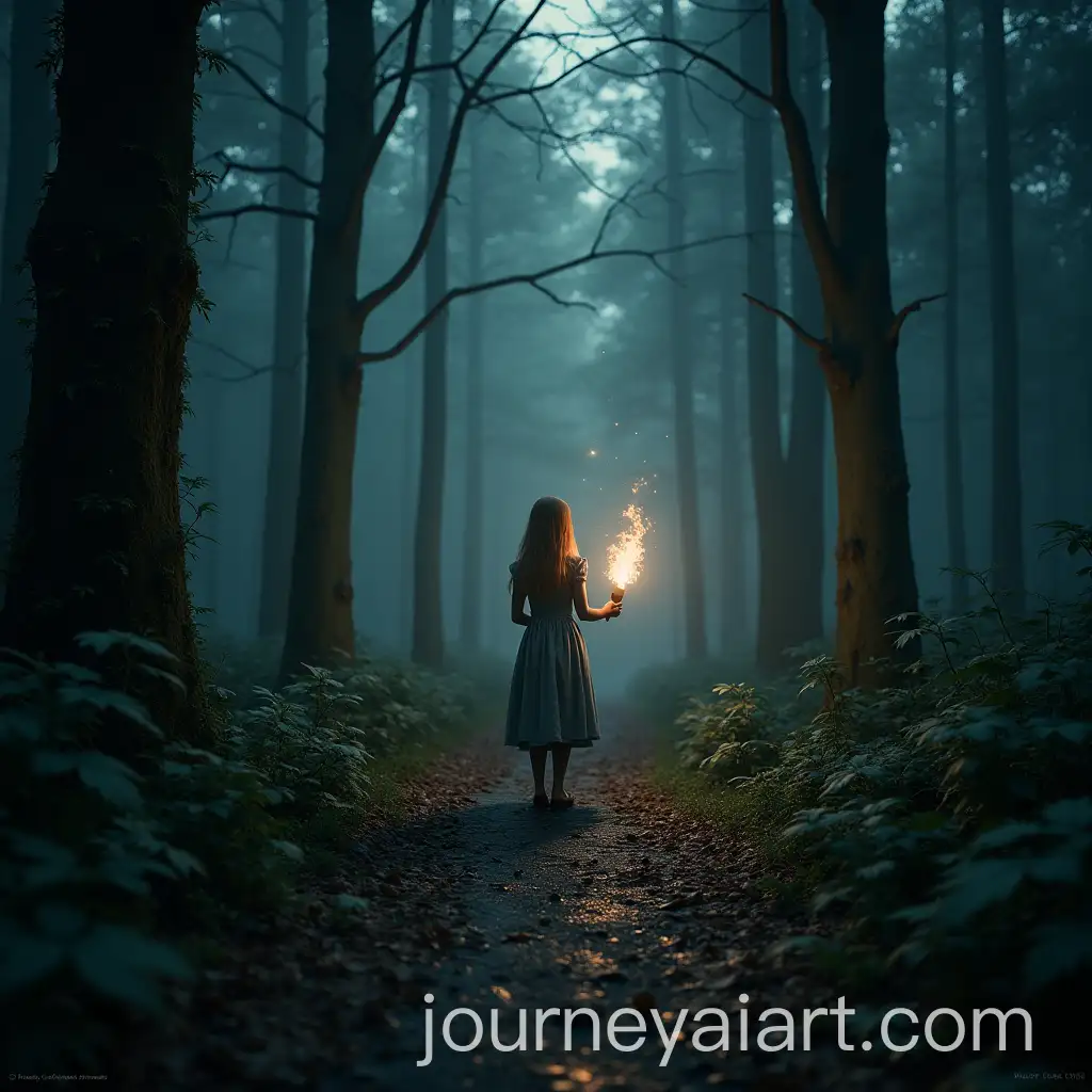 Girl-Holding-a-Torch-Lost-in-a-Dark-Forest-in-a-SemiRealistic-Style