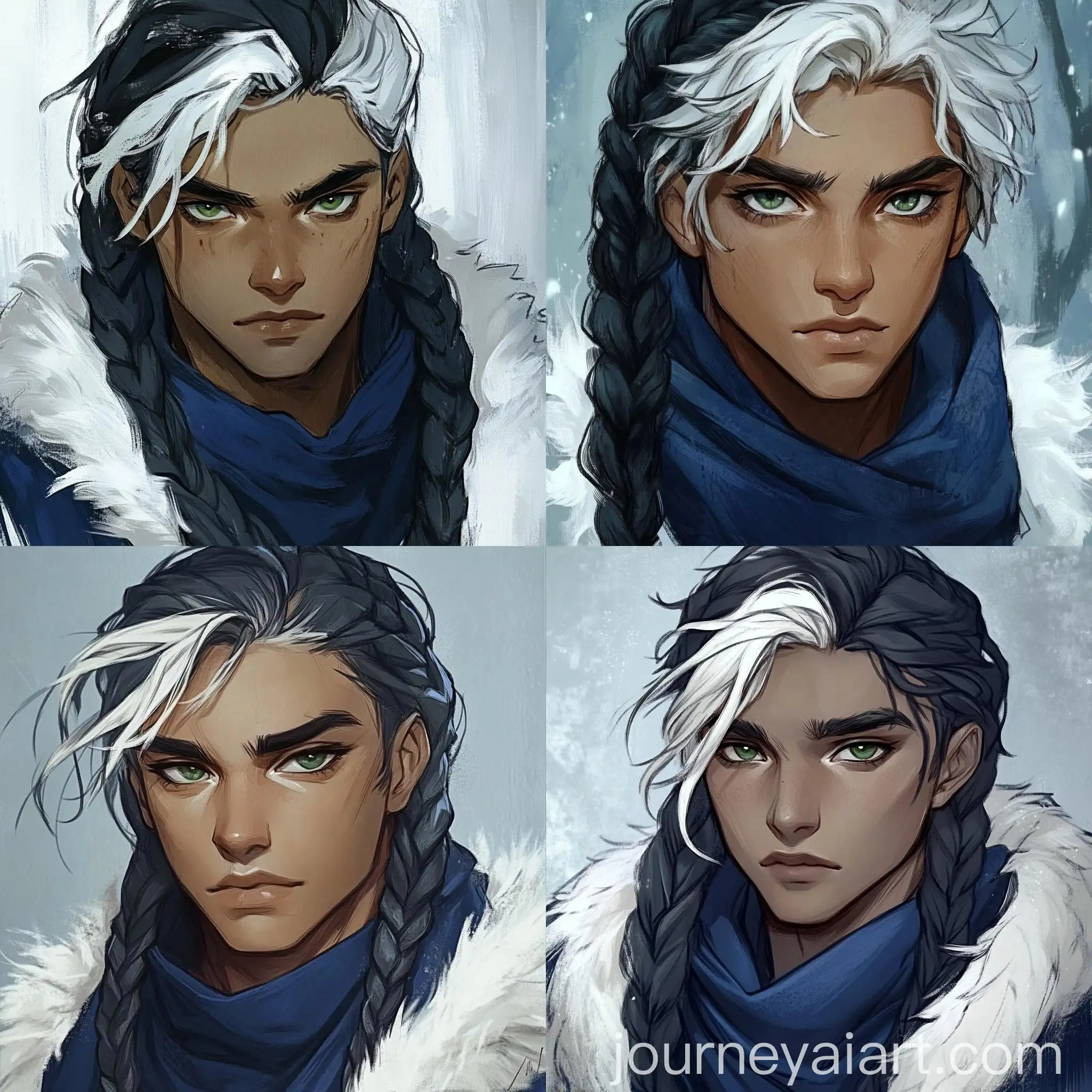 Portrait-of-a-Young-Man-with-Green-Eyes-and-Black-Braids-in-Dark-Blue-Scarf