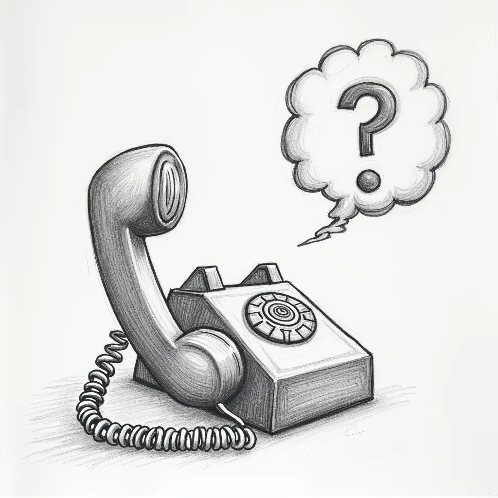 A drawing in pencil or chalk showing a ringing cellphone. There is a question mark in a speech bubble.