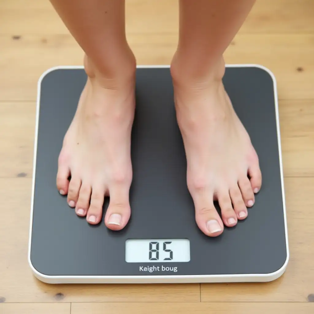 a person is standing on scales, weight indicated as 85 kg, only weights and part of the legs are visible on the photo