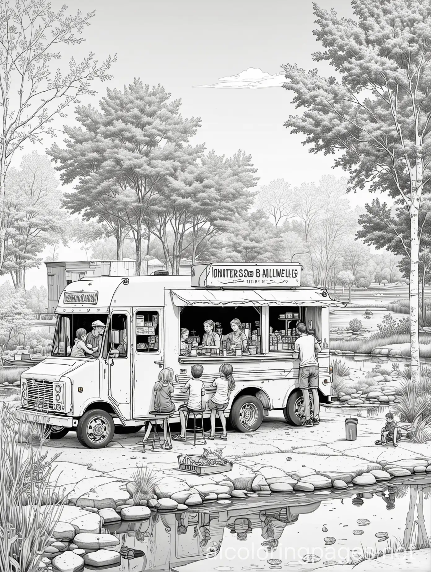 Family-Enjoying-Hamburgers-at-Food-Truck-Near-Pond-and-Trash-Can