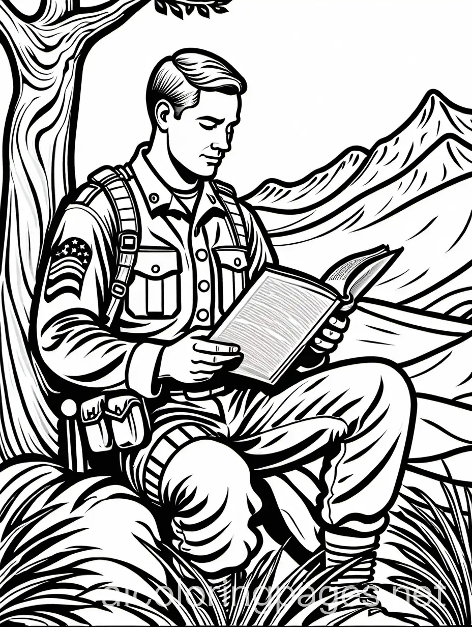 Christian-Soldier-Reading-Bible-with-Flag-Background-Coloring-Page