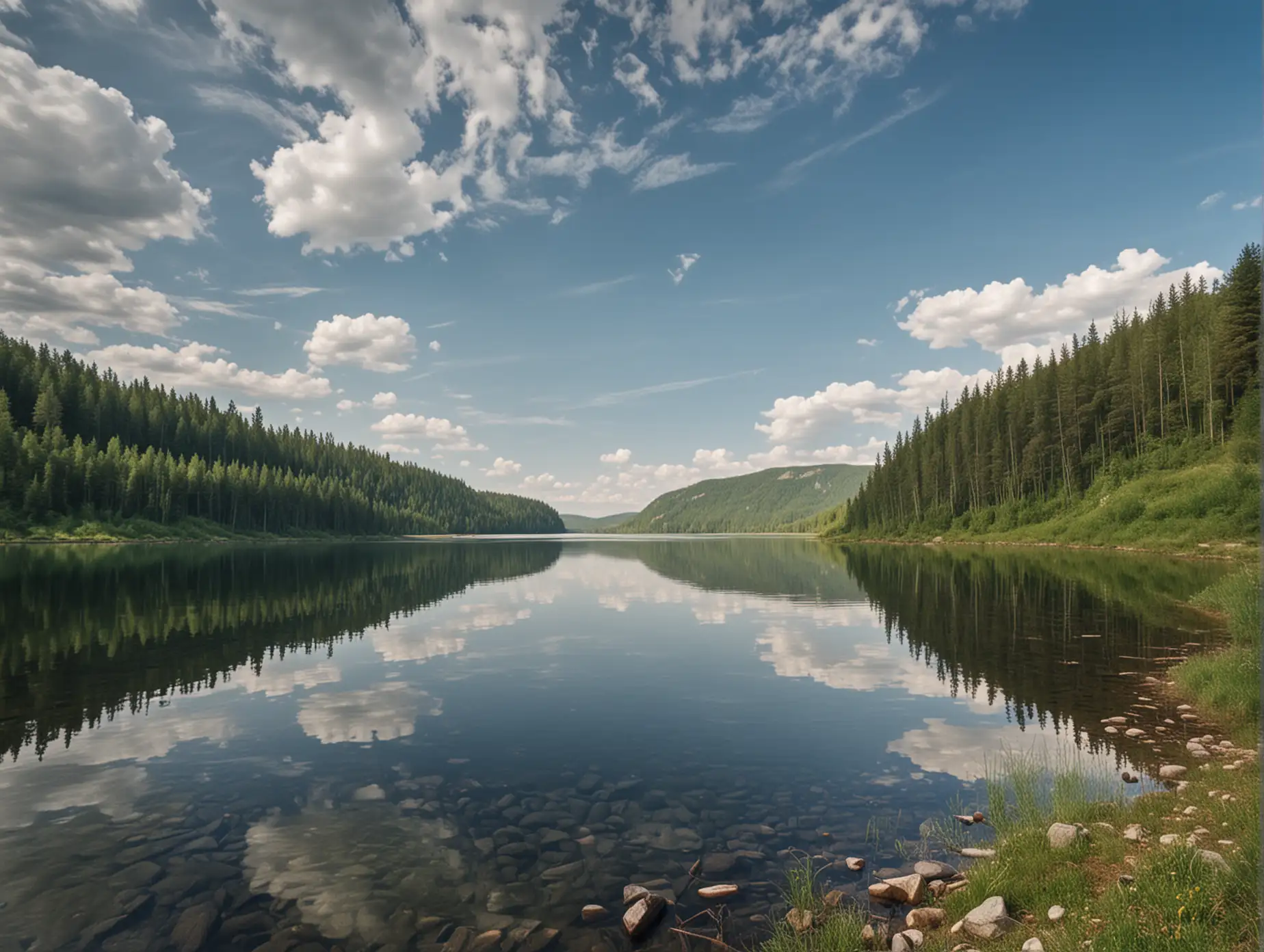 Serene-Mountain-Lake-in-the-Heart-of-Russia-under-Clear-Blue-Sky