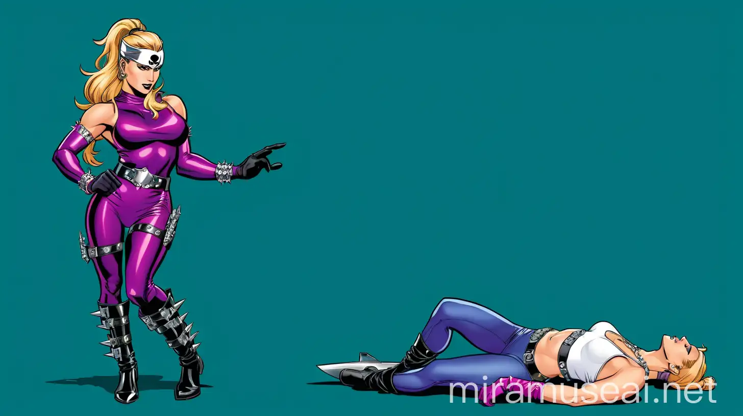 Fierce Female Warrior in Comic Book Style Confronting a Downed Opponent