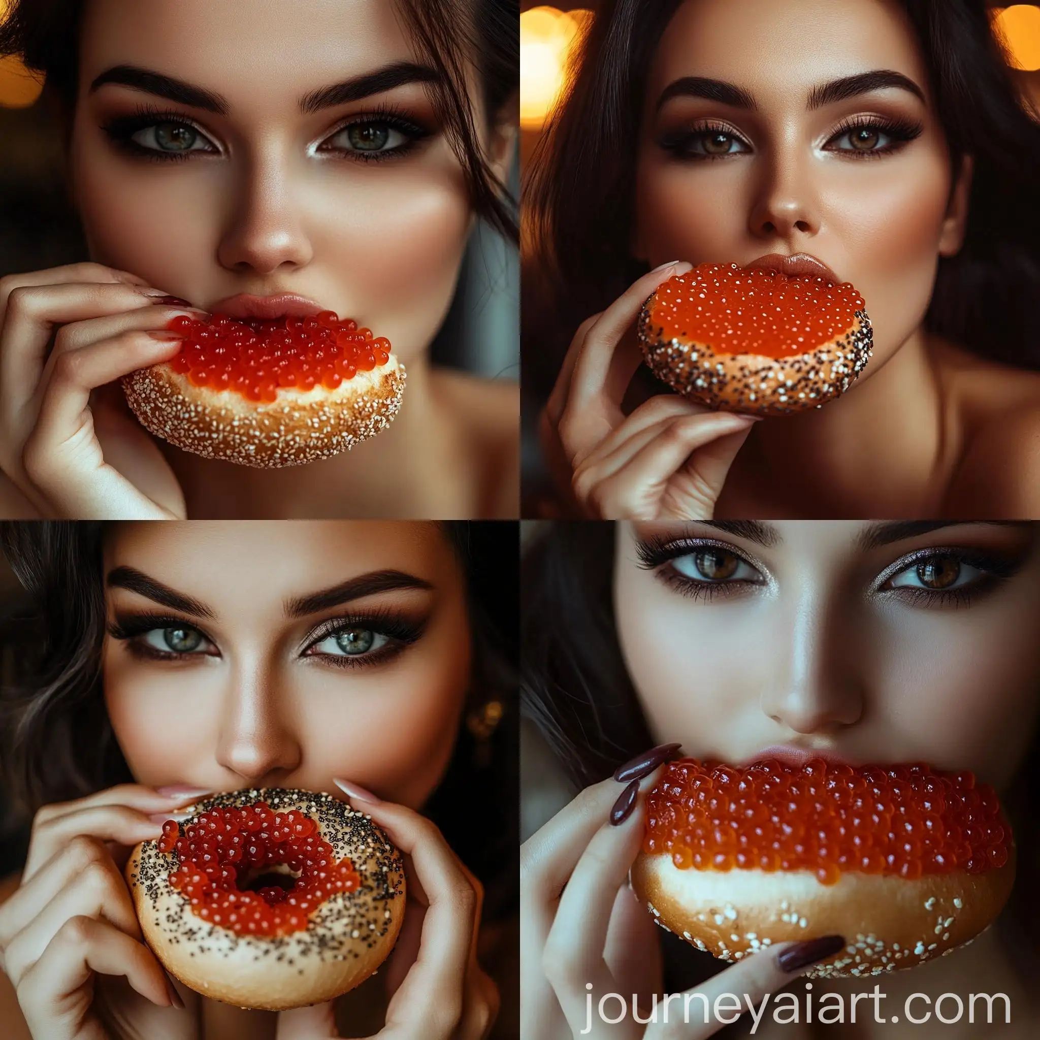 Stylish-Woman-Enjoying-Red-Caviar-Bagel-in-Elegant-Restaurant-Setting