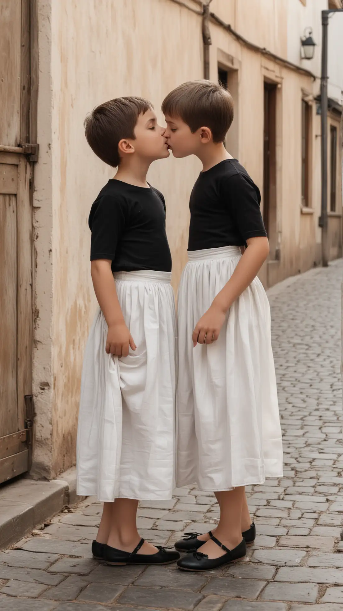 Two-Little-Boys-Wearing-White-Skirts-and-Black-Tops-Kissing-in-a-Town