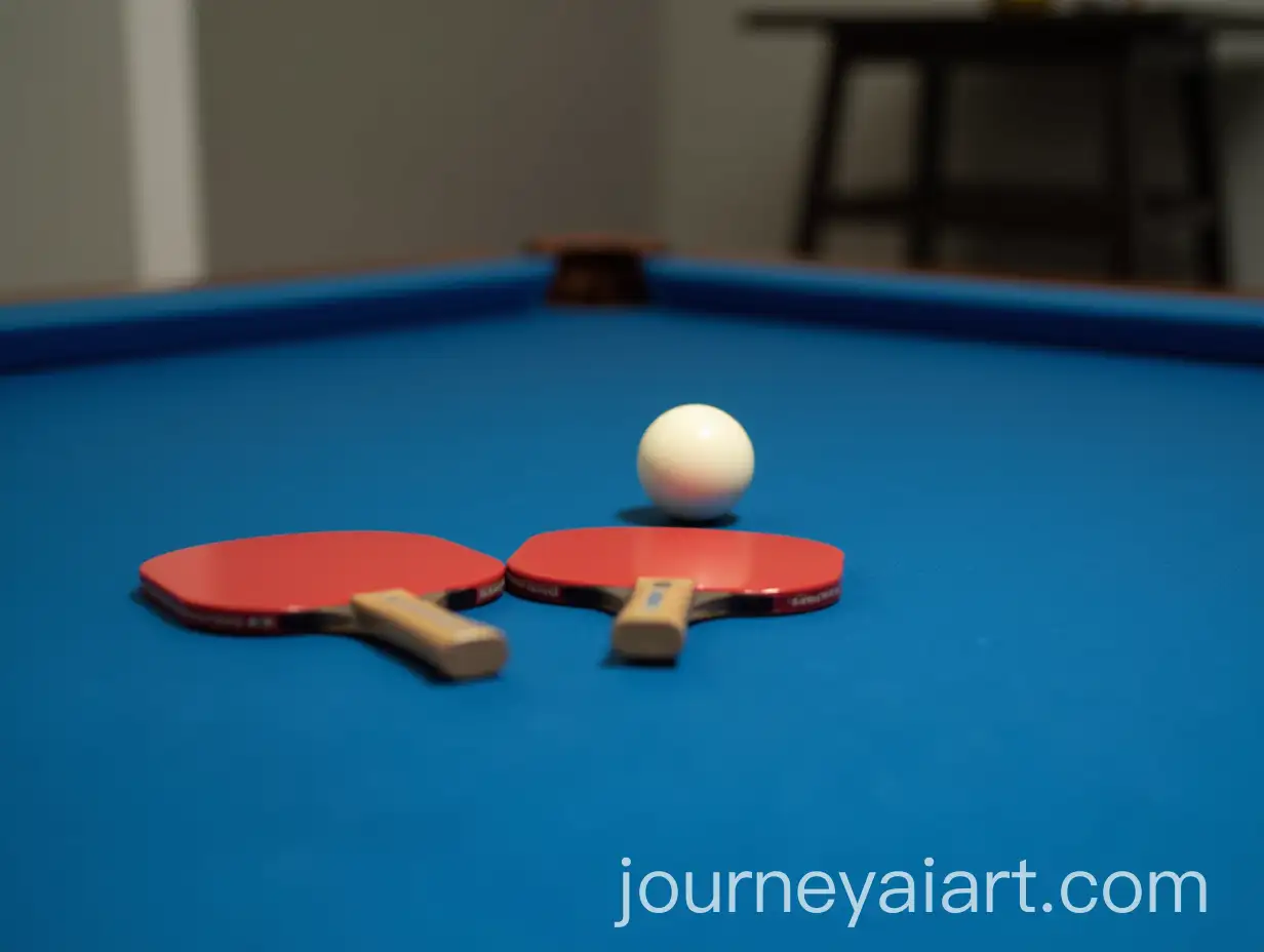 Billiard-Room-with-Two-Paddles-White-Ball-and-Cue-on-Blue-Table