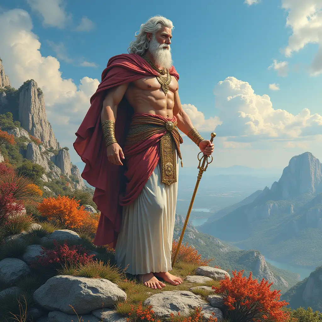 ultradetailed hyperrealistic portrait god zeus 10 meters tall in Greece on a mountain on a rock elaborately detailed, colorful plants in the background colorful plants background