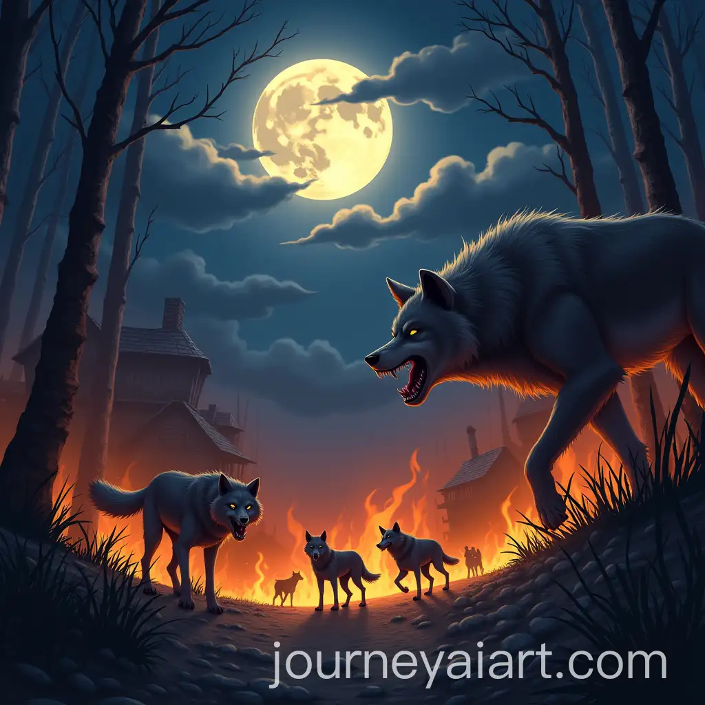 Fierce-Wolves-Attack-Burning-Village-Under-Full-Moon-in-Anime-Style