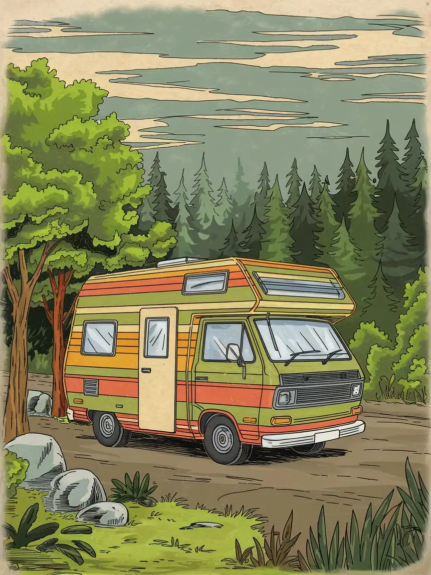 Vintage Campervan in Old Cartoon Drawing Style