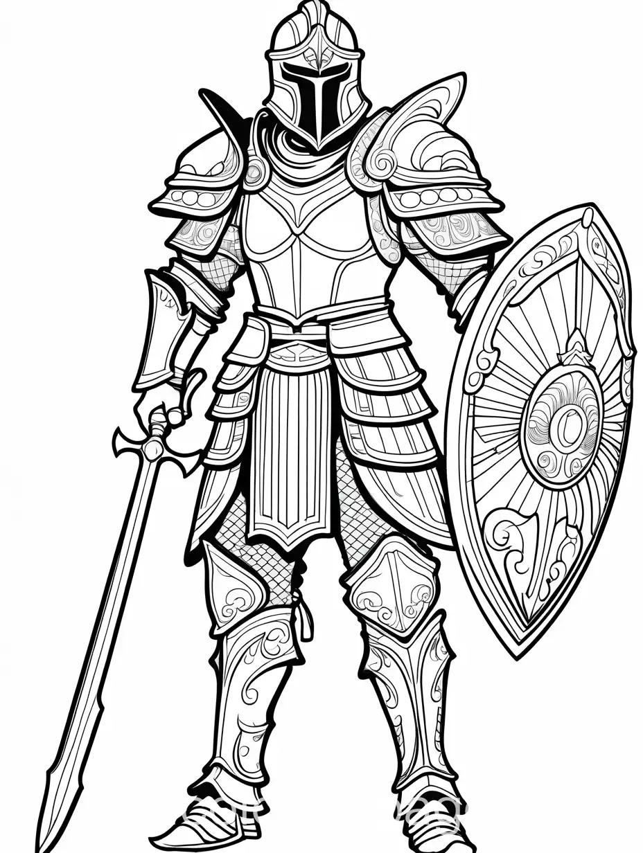 Fantasy warrior with armor , Coloring Page, black and white, line art, white background, Simplicity, Ample White Space. The background of the coloring page is plain white to make it easy for young children to color within the lines. The outlines of all the subjects are easy to distinguish, making it simple for kids to color without too much difficulty