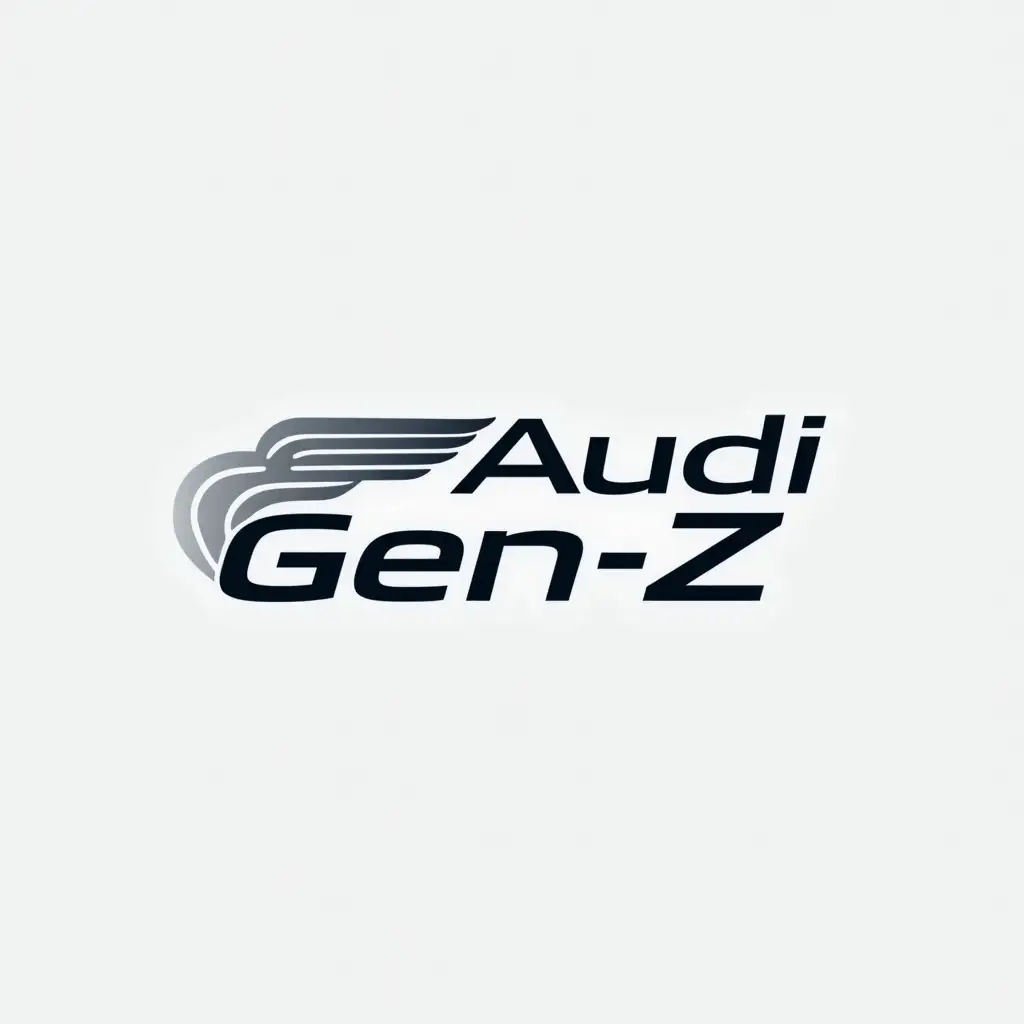 Design a modern, sleek logo for an innovative automobile company that specializes in electric and hybrid vehicles. The logo should convey a sense of speed, sustainability, and luxury, blending boldness with a streamlined aesthetic. Use a minimalist color scheme with metallic tones, such as silver, graphite, or electric blue, to suggest a futuristic feel. The design should incorporate a unique symbol—perhaps inspired by wings, motion, or a stylized letter—that captures the spirit of high performance and eco-friendly innovation. The font should be elegant and bold, reflecting both power and precision, and easily recognizable for global appeal. The logo text should be 'Audi Gen-Z'