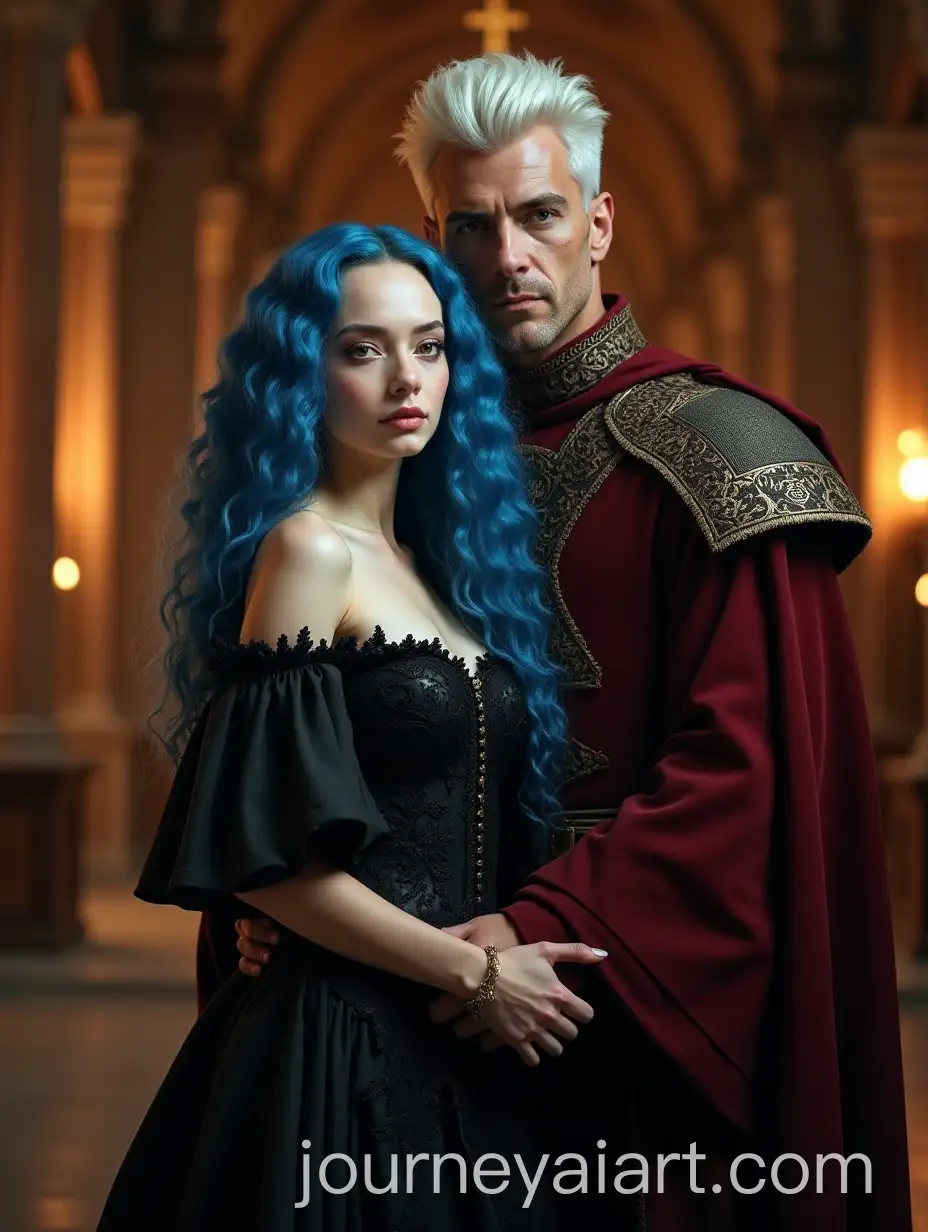 Fantasy-Couple-in-a-Cathedral-Hall-with-Magic-Lighting