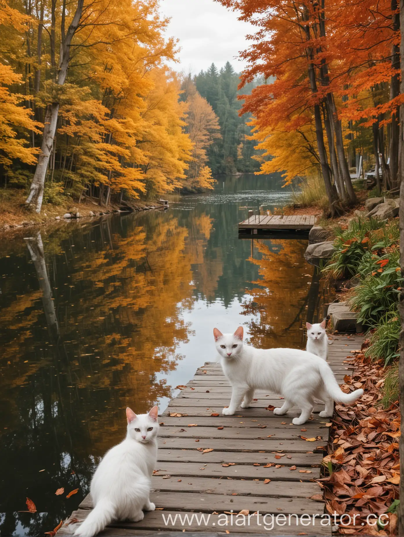 Autumn-Forest-Lake-Scene-with-Cats-on-Dock