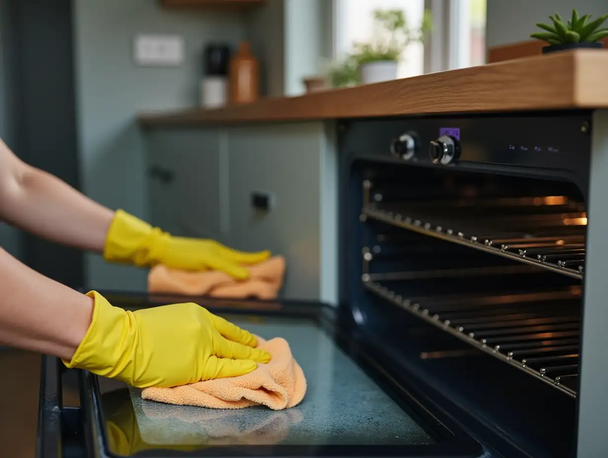 Woman cleaning electric oven with rag in kitchen, closeup