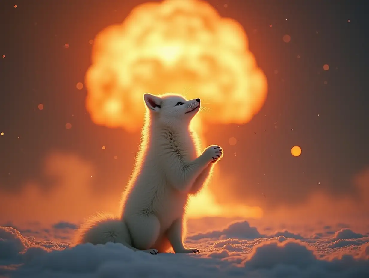 Background - nuclear explosion. A white fluffy polar fox is standing on its hind legs with its right paw raised to its chest, the flash from the nuclear explosion looks like a halo around its head. Photorealism.