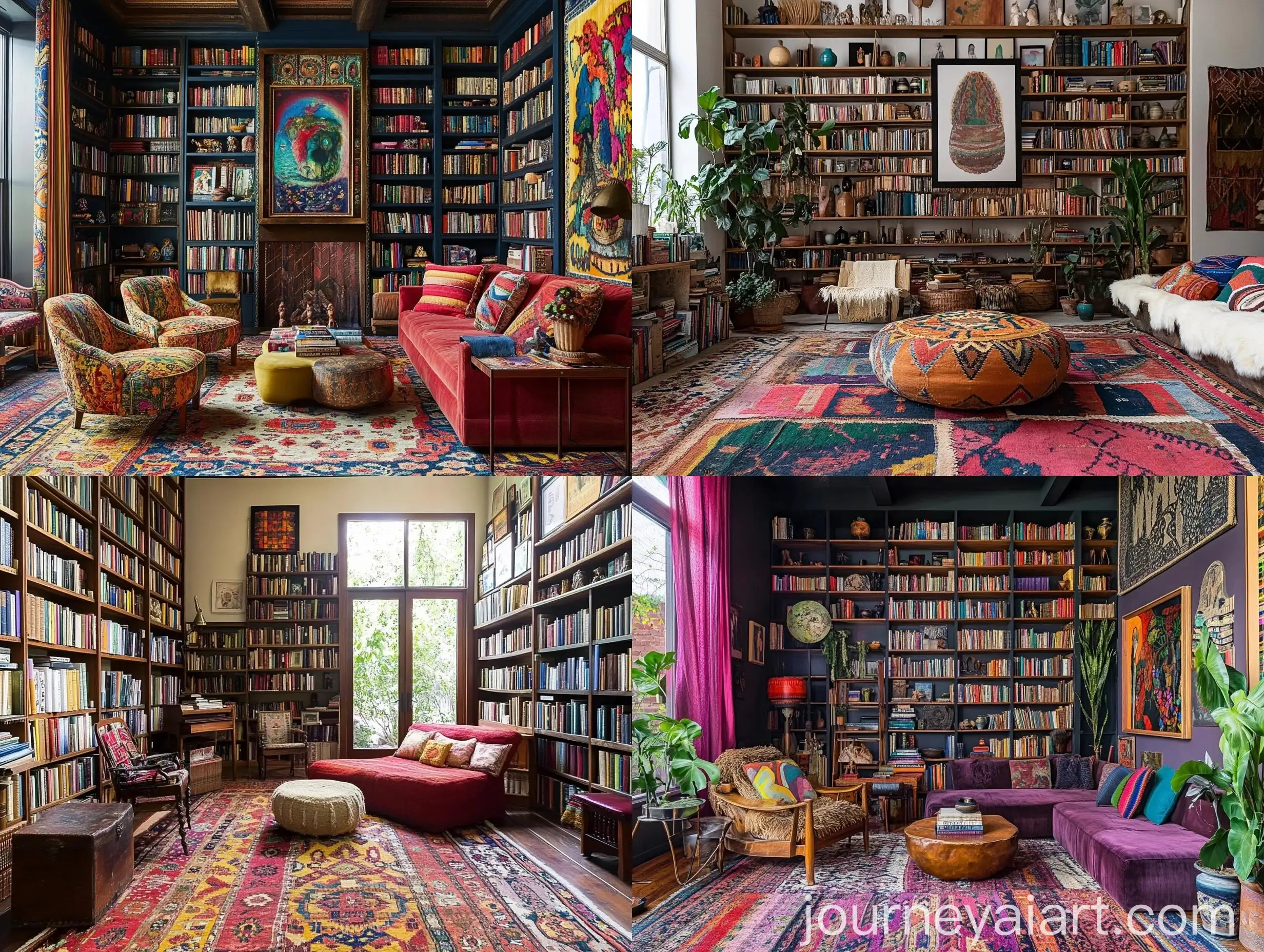 Bohemian-Home-Library-with-Colorful-Rugs-and-Eclectic-Furniture