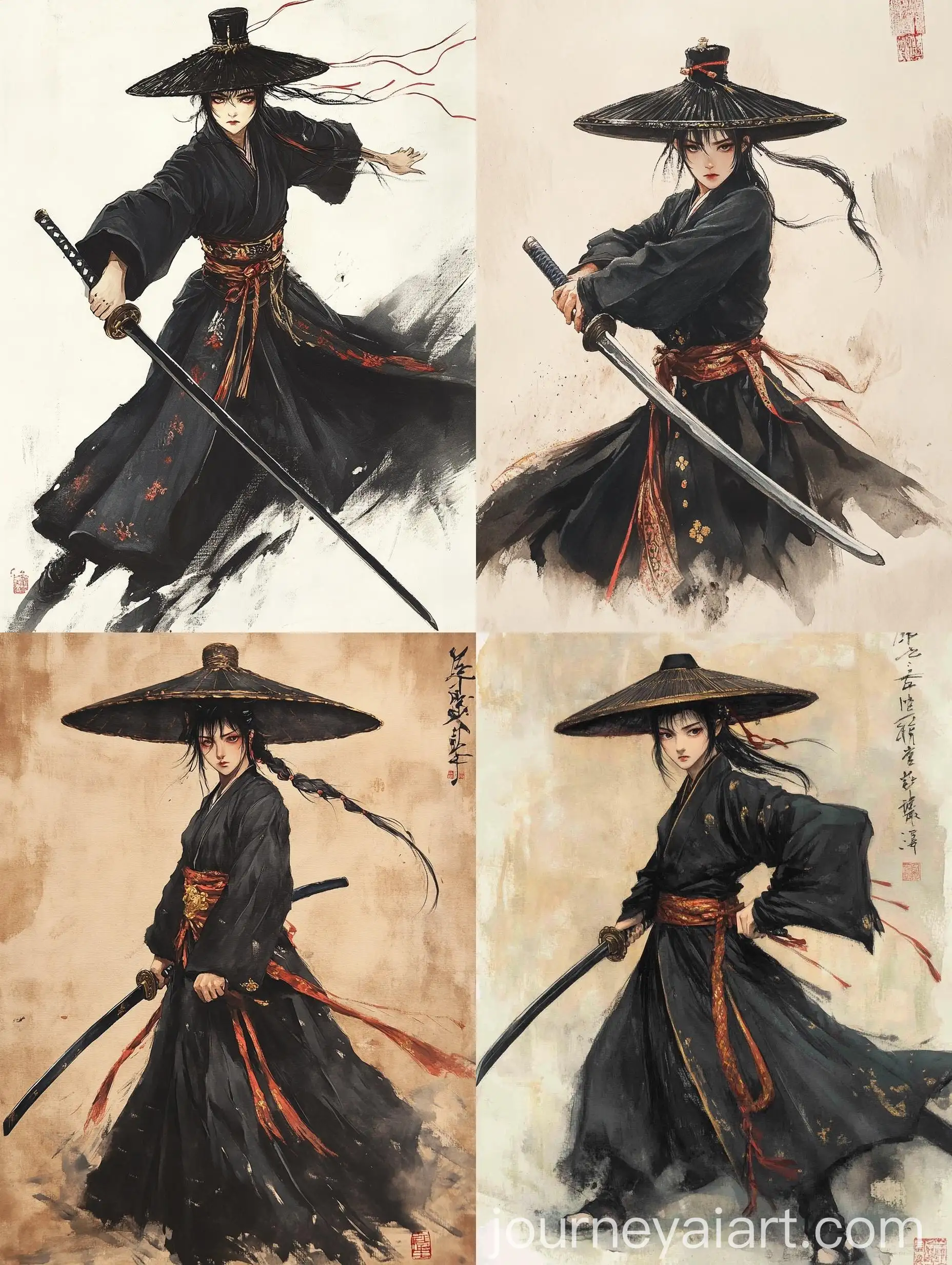 Traditional-East-Asian-Brush-Painting-of-a-Grim-Female-Warrior-with-Sword