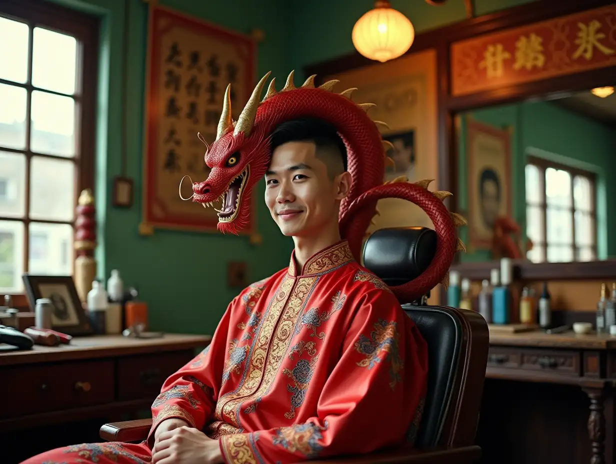 A young man sits in a vintage barber chair, wearing a traditional Chinese red embroidered robe adorned with intricate gold and blue patterns. His hair is shaved short, revealing a clean and fresh face, with a slight smile and a confident gaze. However, the most striking feature is a red Chinese dragon extending from the back of his head, seemingly fused with him. The dragon has sharp golden horns, textured red scales, and coils through the air. Its mouth is slightly open, revealing sharp fangs, while its demon-like piercing eyes gaze forward with an aura of power and mystery. The setting is an old-fashioned barbershop, with walls adorned with Chinese calligraphy, old photographs, and faded celebrity posters, creating a strong nostalgic atmosphere. The ceiling appears aged and worn, while a mirror reflects both the man and the dragon, adding depth to the composition. The barber’s counter is cluttered with grooming products and tools, making the scene feel authentic and lived-in. The overall color palette is warm, enhanced with a vintage-style filter. The red dragon and robe create a striking visual contrast, emphasizing the central figure. Natural light streams through the window, casting soft and layered shadows. This composition blends traditional culture, retro aesthetics, and fantasy elements, evoking a surreal and mysterious ambiance.