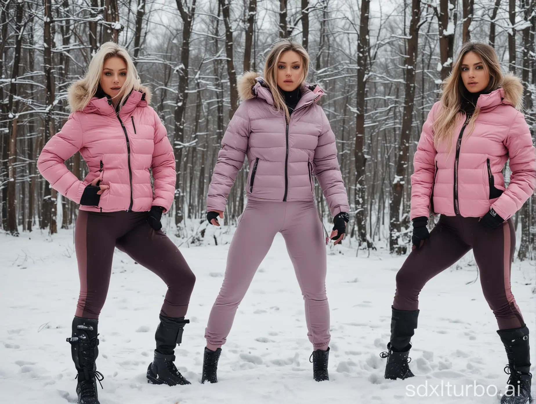 3 sexy women in thick down jackets with different colours workout in snow