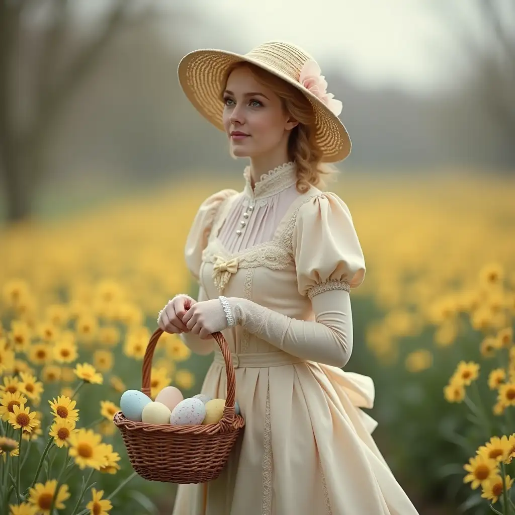 Mother-Goose-in-Victorian-Clothing-Holding-Easter-Eggs-in-a-Flower-Field