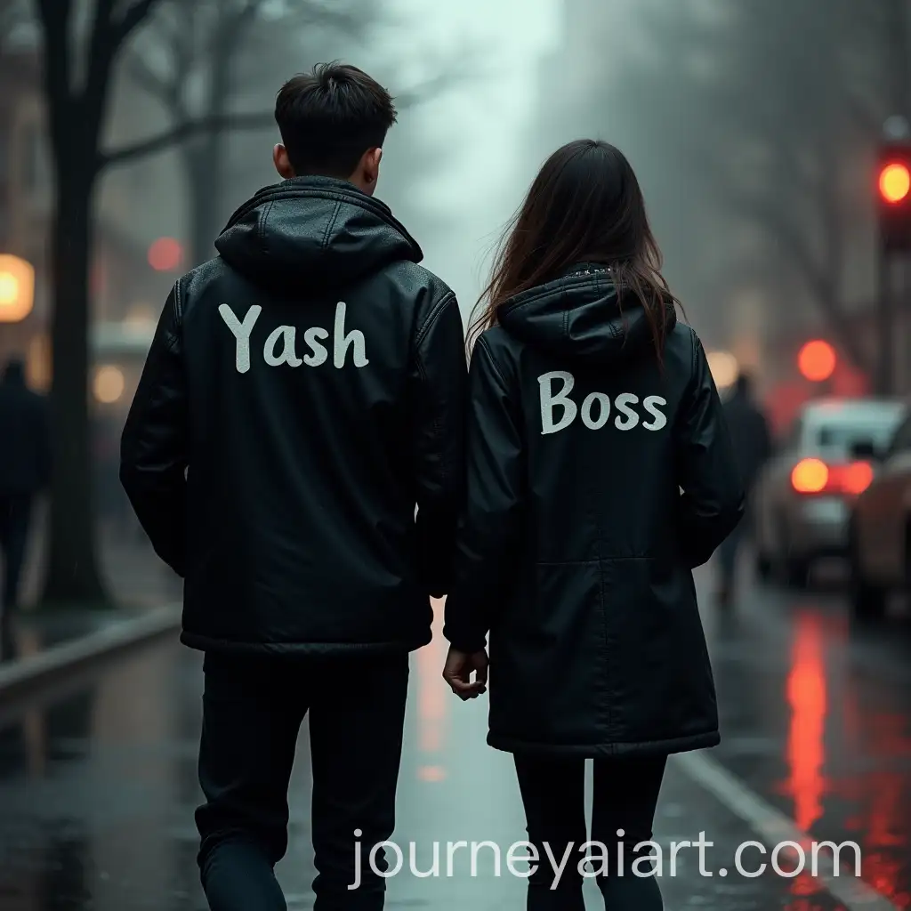 Young-Couple-Walking-on-a-Rainy-Road-in-Black-Jackets