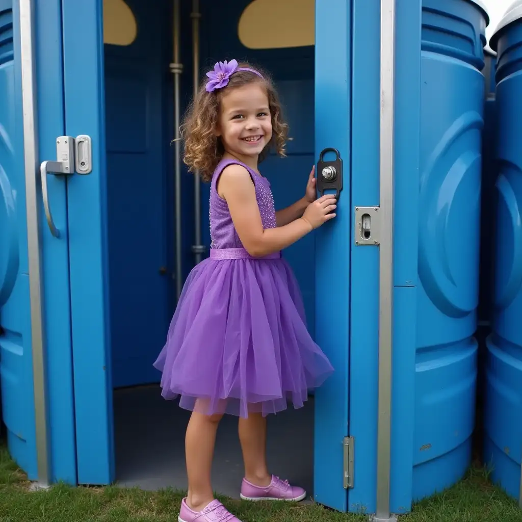 Confident-girl-opening-doorConfident-8YearOld-Girl-Opening-Porta-Potty-Door-in-Purple-Dress
