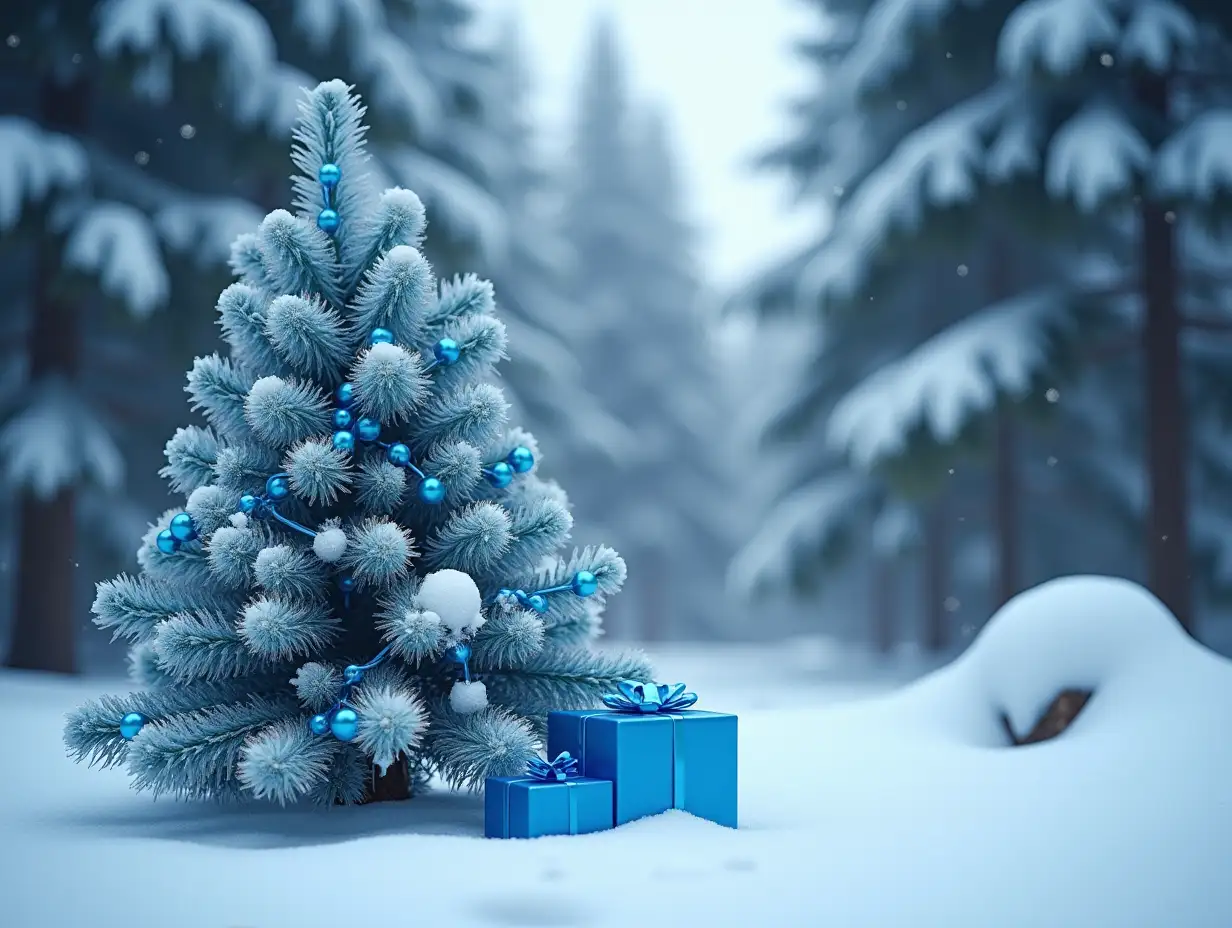 Fluffy-Christmas-Tree-with-Blue-Garland-in-Snowy-Forest