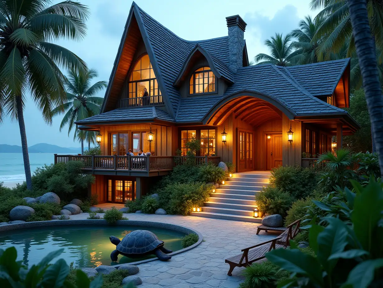 Crooked house with people, plants, a giant turtle, a lit path to the beach. Triangular window shapes, grand marble staircase entrance, curved wooden roof with pond, glowing lanterns, benches with a view of the beach, 4K resolution, colorful, super wide-angle shots