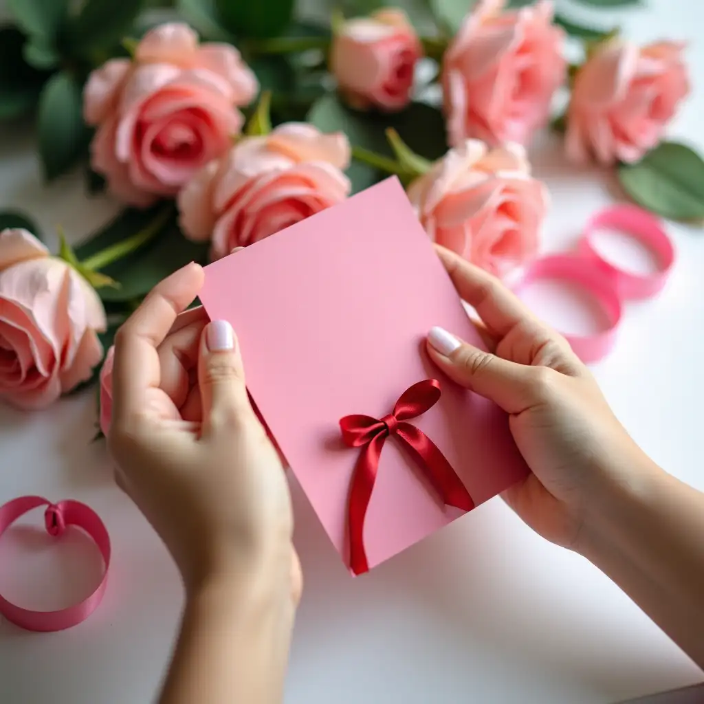 Two pairs of hands, one belonging to a mother and the other to a child. The child is offering a paper - made bouquet card as a gift, and the mother is reaching out to accept it. The card is pink, with a red ribbon tied at the bottom. In the background, there are real roses, some green leaves, and pink ribbons. Soft natural light illuminates the scene, highlighting the textures of the paper flowers and the card. High - definition, rich in details.