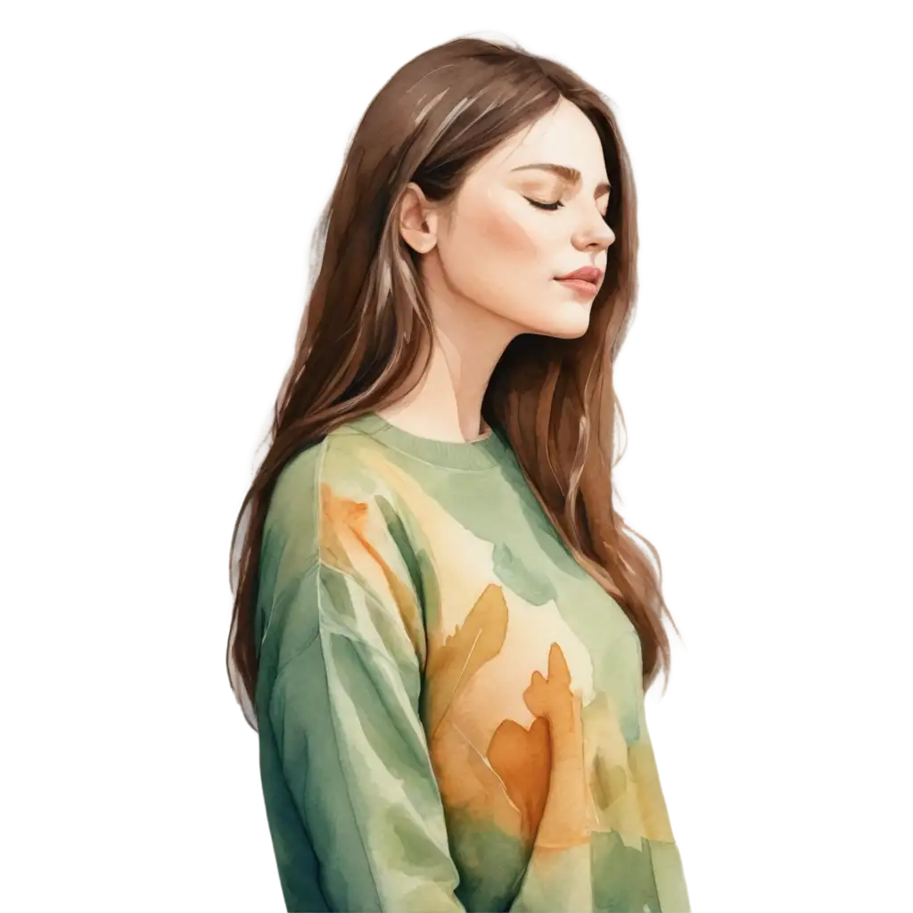 Serene-Woman-with-Abstract-Sweater-PNG-Peaceful-NatureInspired-Portrait-in-Soft-Watercolor-Style