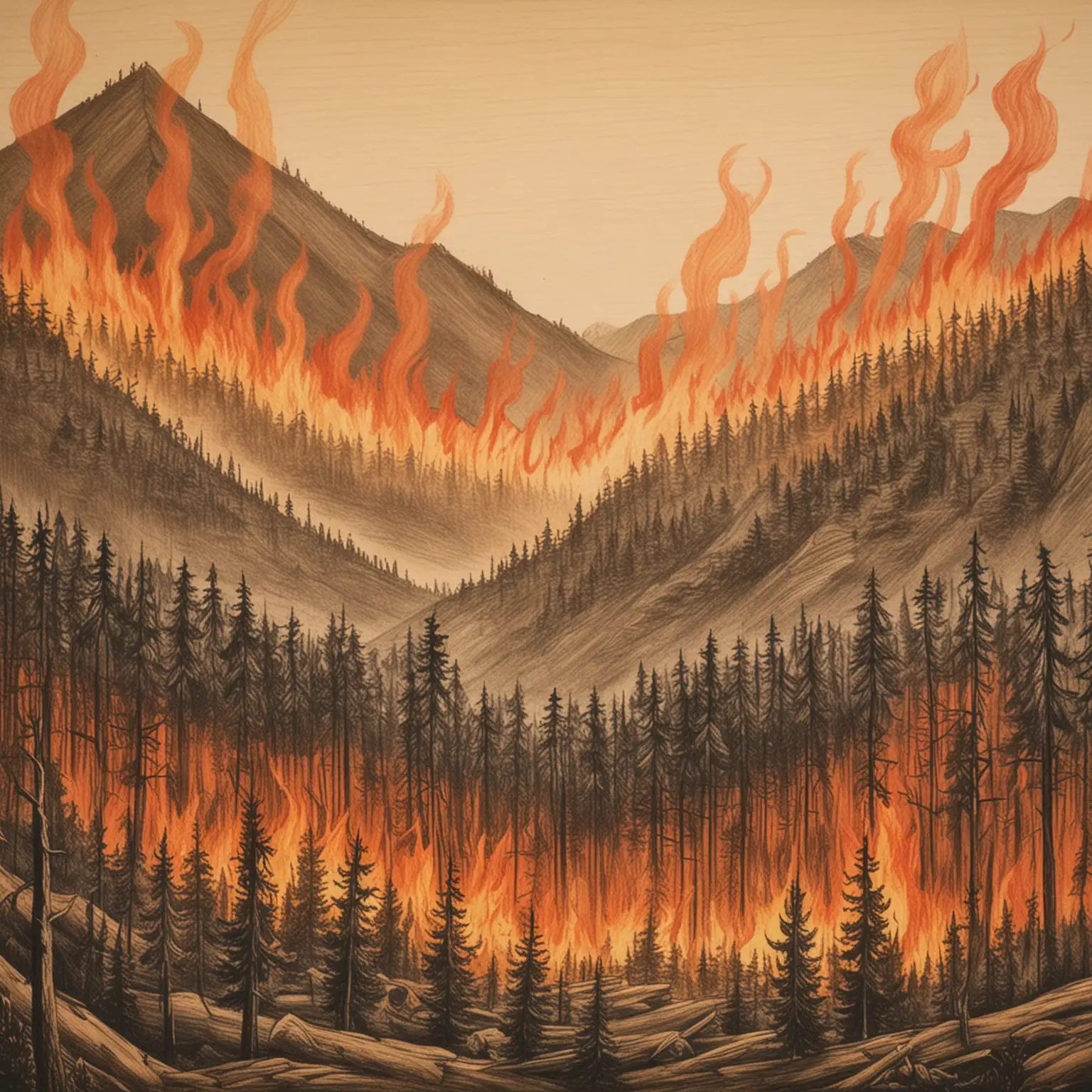 Wildfire Spreading Through Timber Mountains Drawing