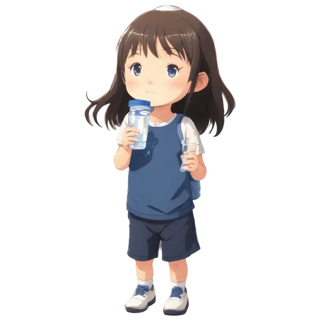 little girl drinking a glass of water, anime style