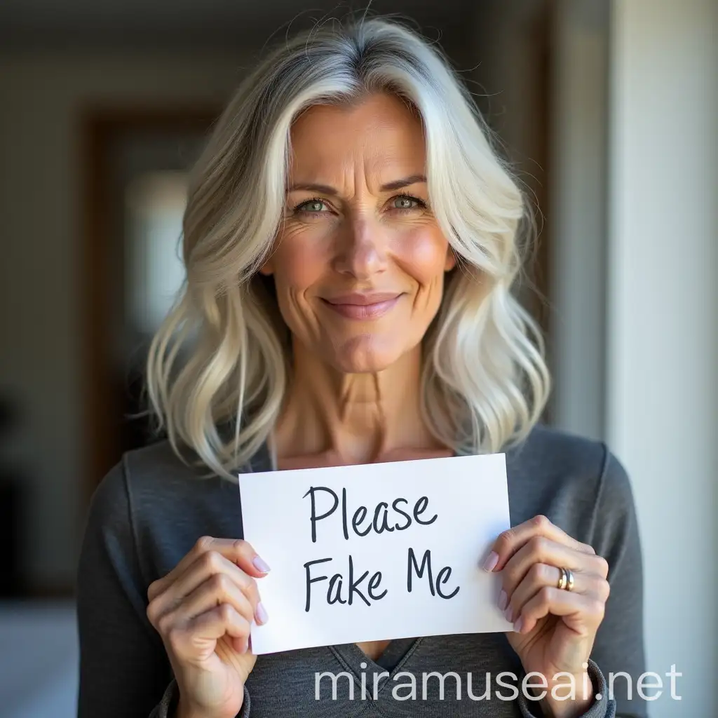 beautiful tall and fit, 55 year old woman, with wavy silver hair parted of the side, holding a piece of paper that reads Please Fake Me