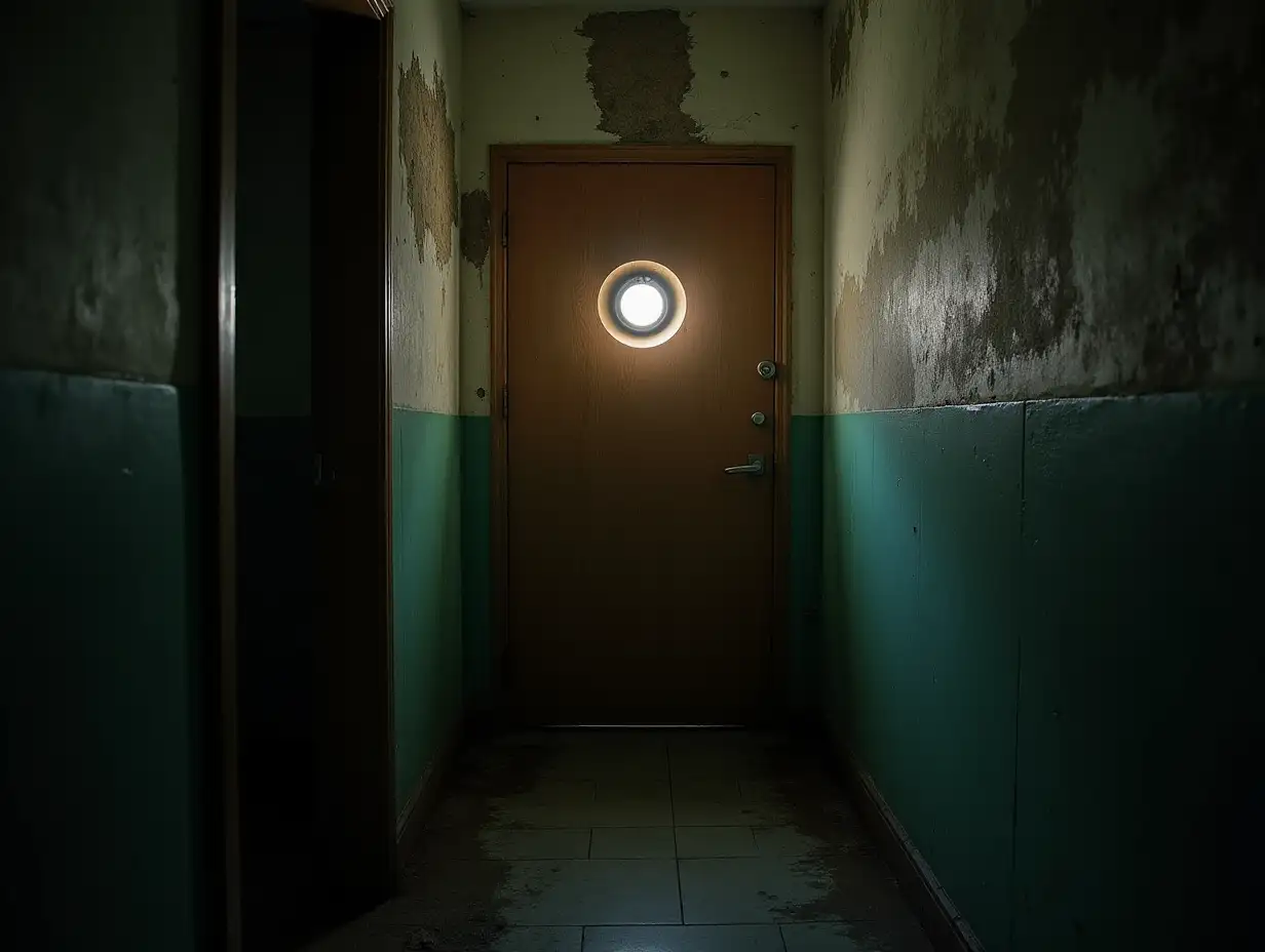 closed Wooden door in abandoned mental hospital, abandoned room, night and darkness, concrete walls, chamber of horrors, Soviet psychiatric hospital, light bulb