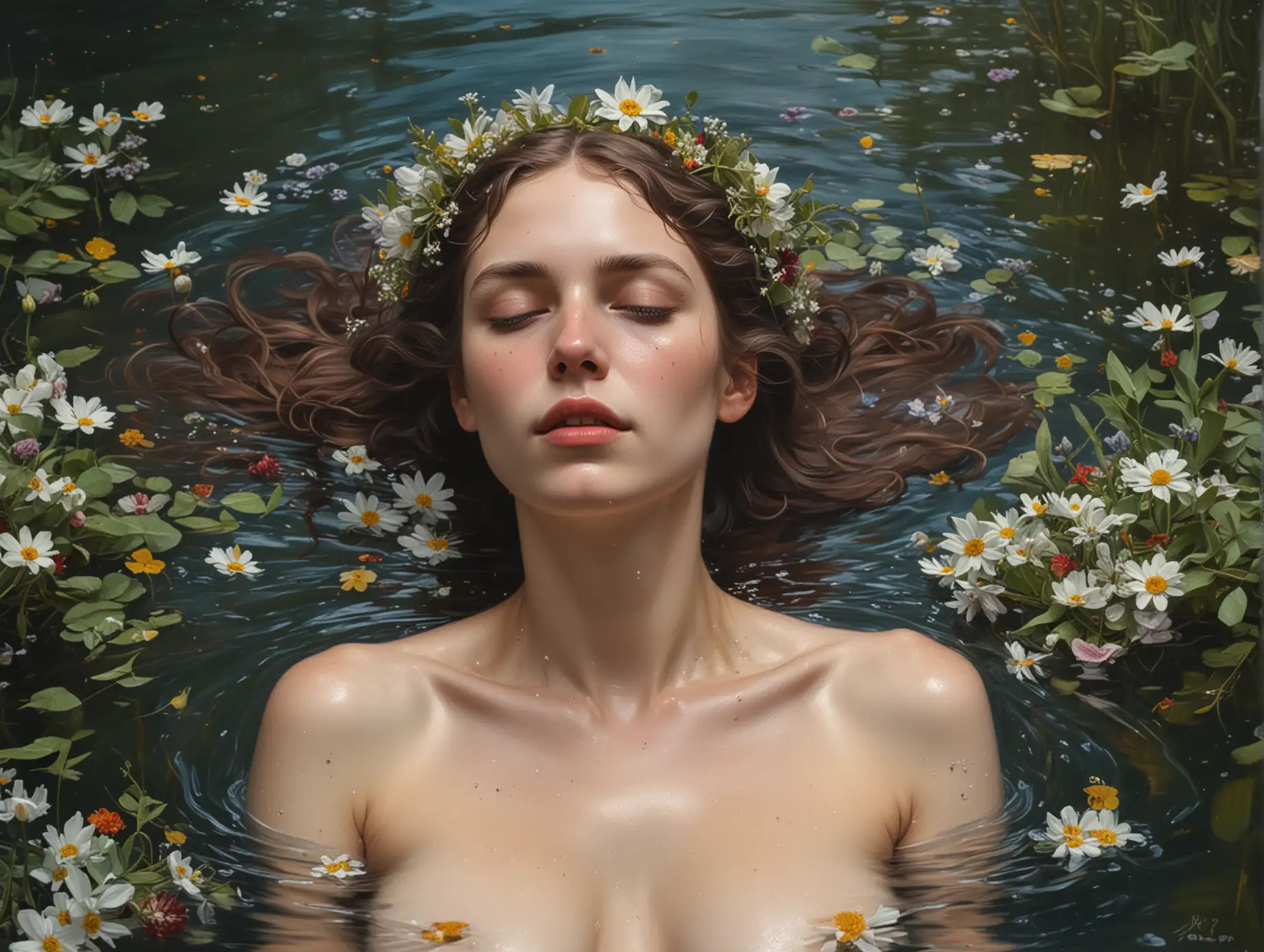 Portrait Painting of Ophelia floating topless in water with flowers.