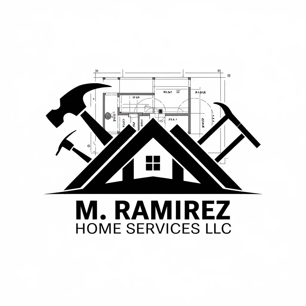 LOGO Design for M Ramirez Home Services LLC Silhouette of a House with Carpentry Tools Symbol