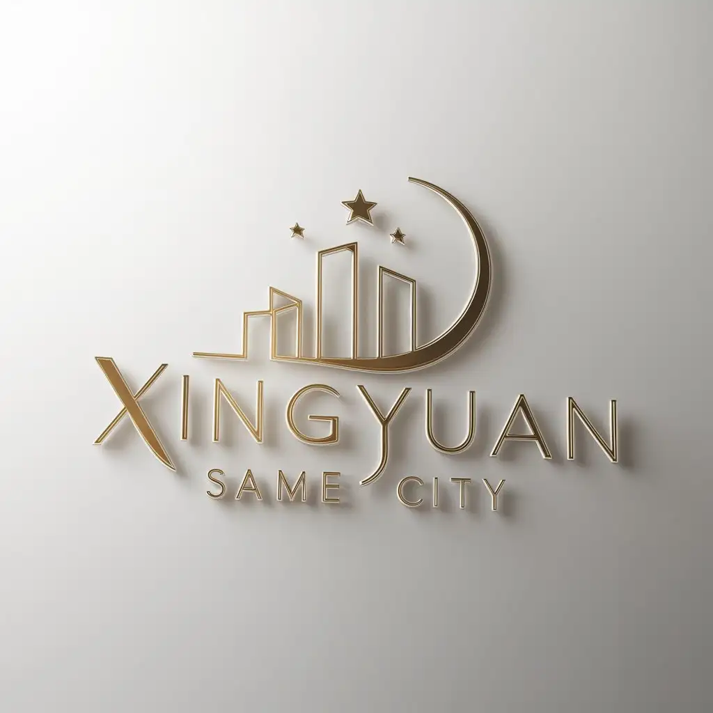 a logo design,with the text "Xingyuan Same City", main symbol:Stary City with stars and moon combined, but don't draw and write at the same time. The font should be a nice Songti.,Minimalistic,be used in Entertainment industry,clear background